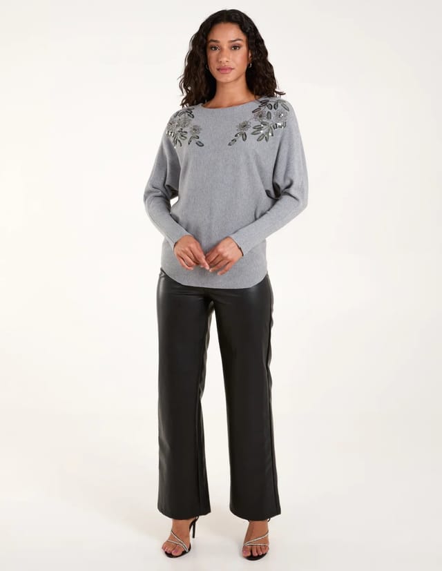 Blue Vanilla Sequin Flower Detail Batwing Jumper - 3