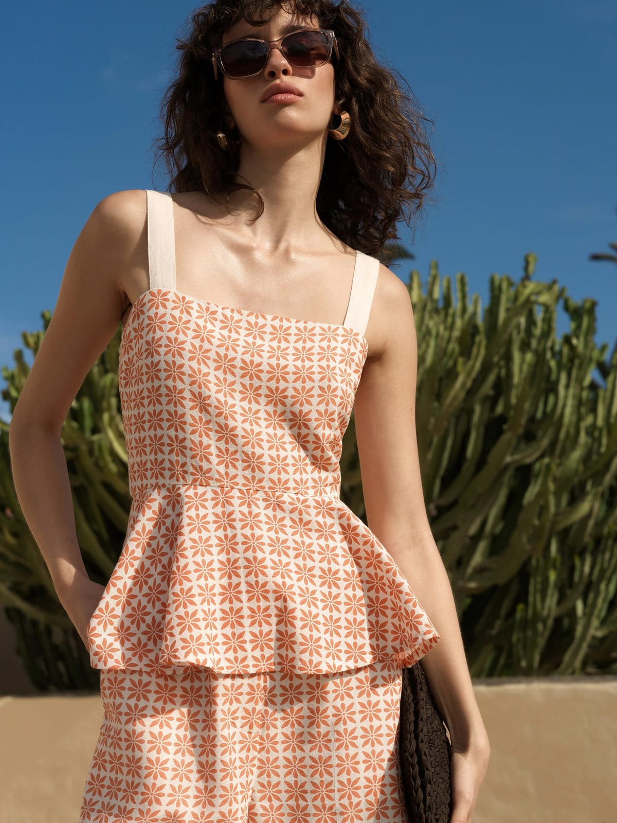 French Connection Mona Geo Floral Print Orange Peplum Top Porcelain Cream/Tangerine Orange - 1