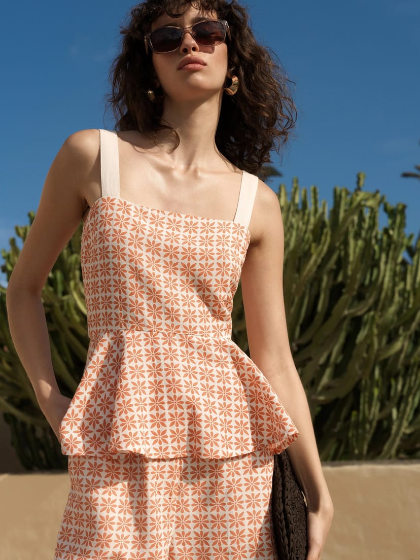French Connection Mona Geo Floral Print Orange Peplum Top Porcelain Cream/Tangerine Orange - 1
