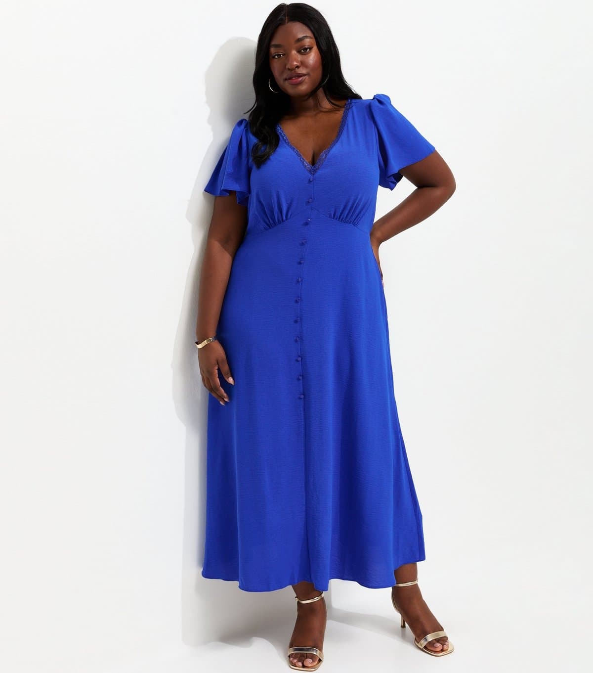 New Look Women's Plus Size Bright Blue Lace Trim Midi Tea Dress Curves New Look