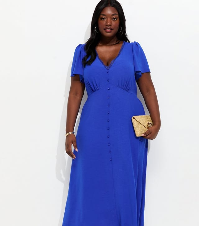 New Look Women's Plus Size Bright Blue Lace Trim Midi Tea Dress Curves New Look - 3