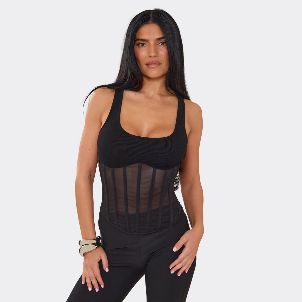 EGO Scoop Neck Ribbed Corset Vest Top In Black, Women's Size UK 6 - 1