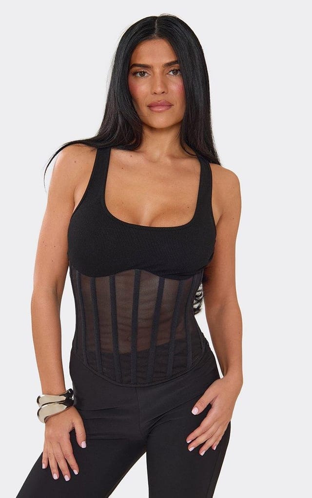 EGO Scoop Neck Ribbed Corset Vest Top In Black, Women's Size UK 6 - 2