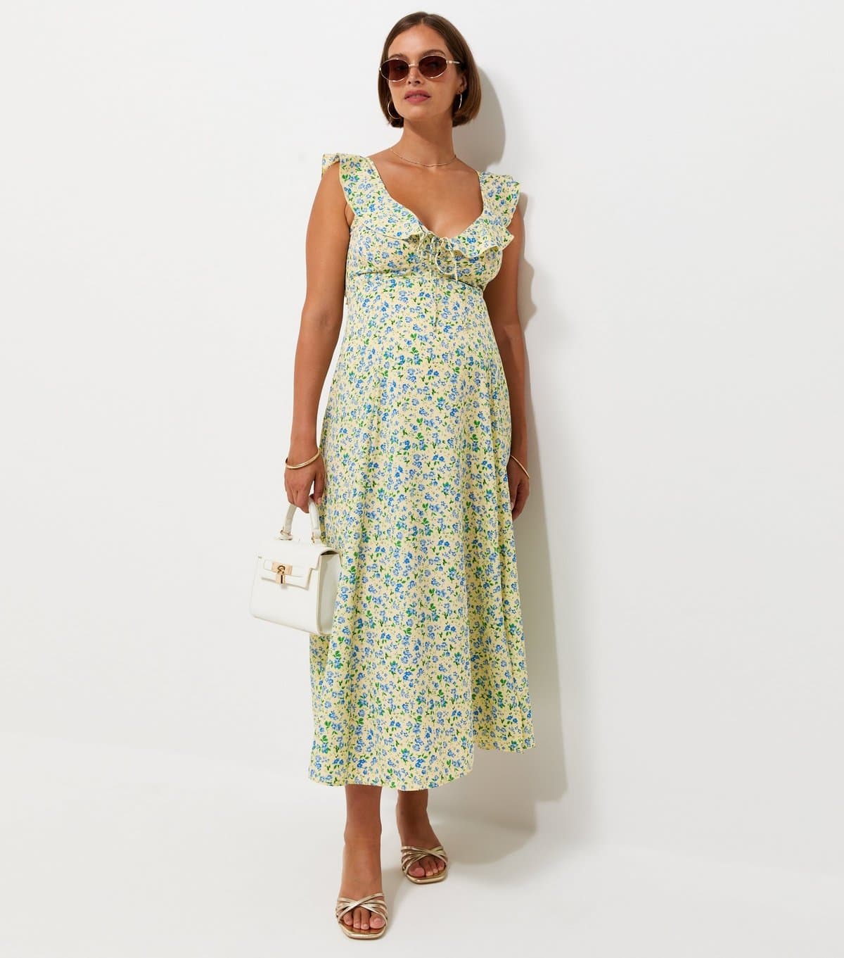 New Look Women's Maternity Yellow Floral Print Crepe Ruffle Trim Midi Dress New Look