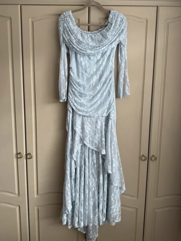 ASOS Asos design size M/ size 12, baby blue, lace off the shoulder, long sleeve maxi dress