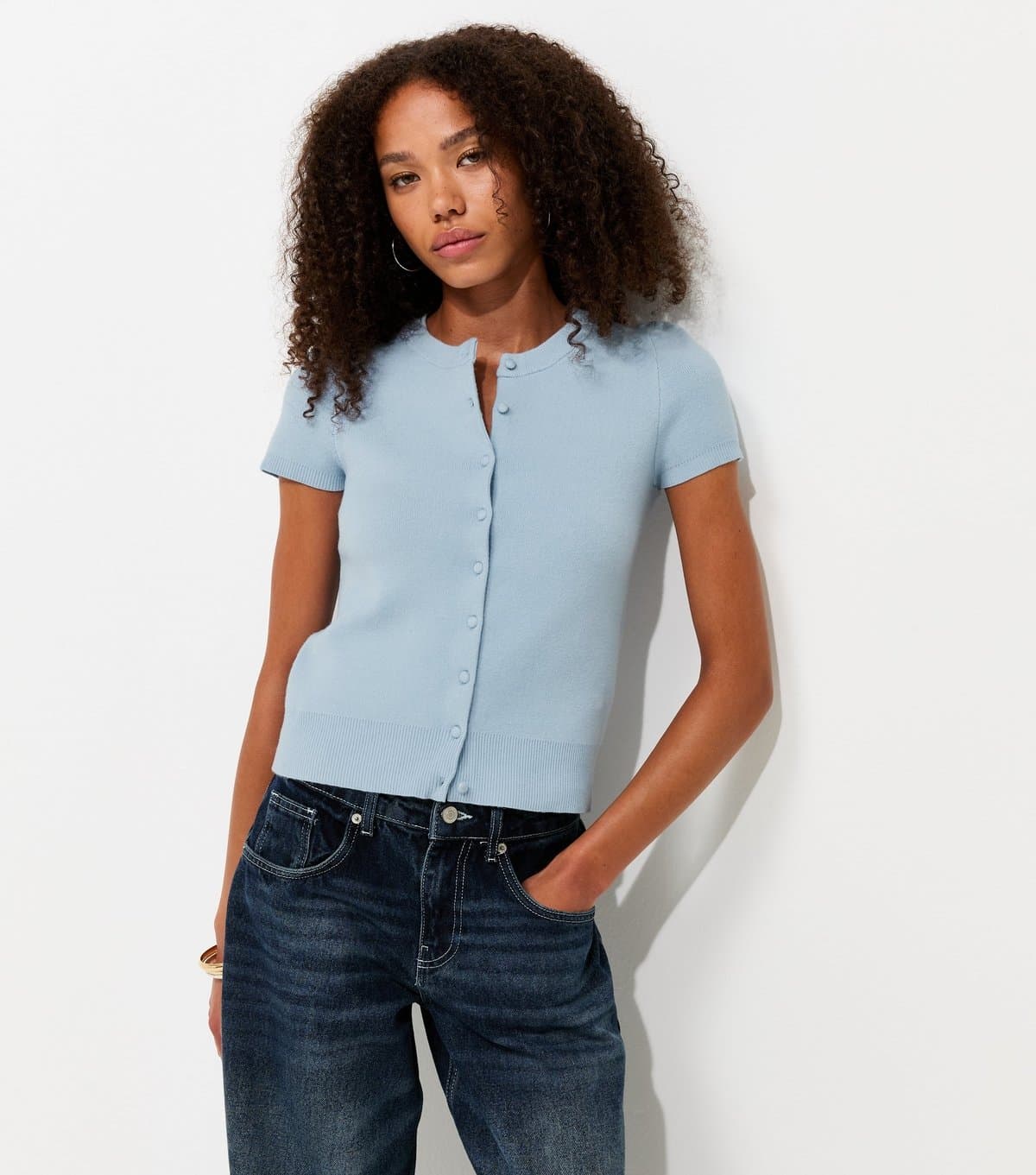 New Look Women's Light Blue Compact Knit Cap Sleeve Buttoned Top New Look