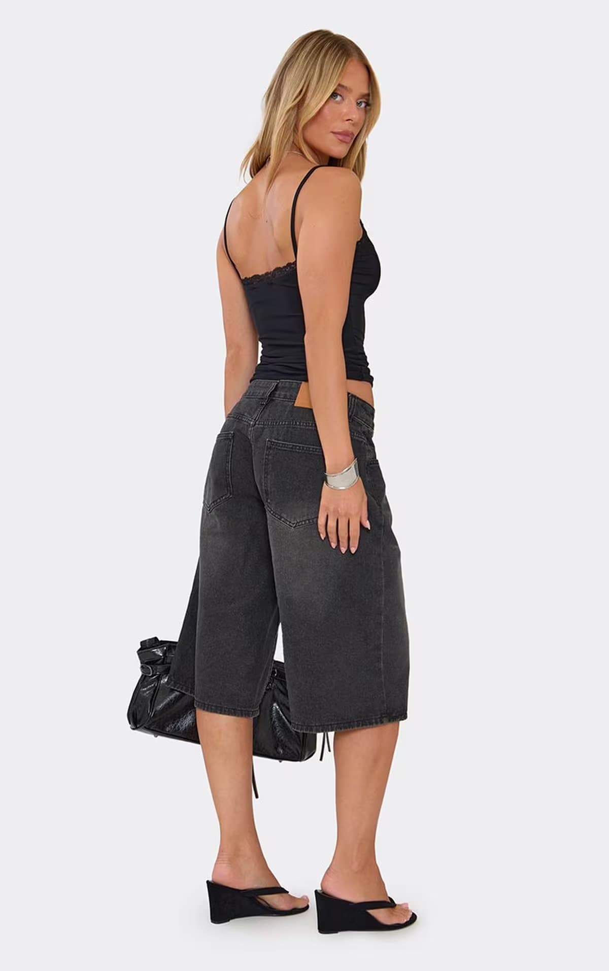 EGO Low Waist Wide Leg Jorts In Black Wash Denim, Women's Size UK 6