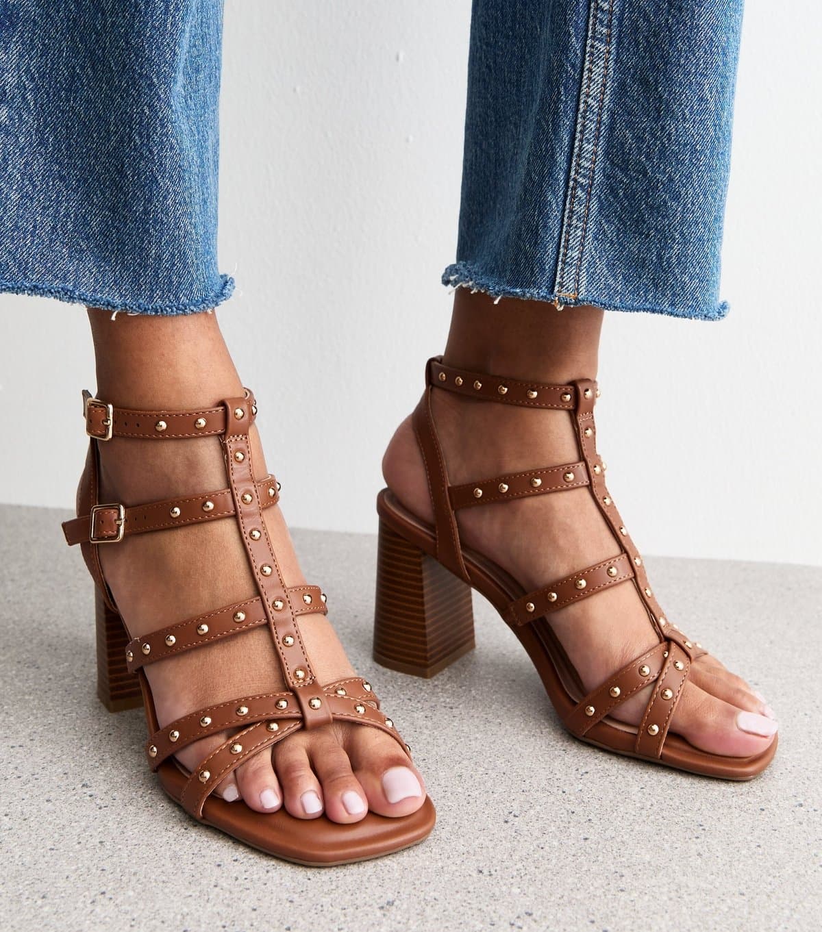 New Look Women's Tan Multistrap Studded Block Heel Sandals Vegan New Look