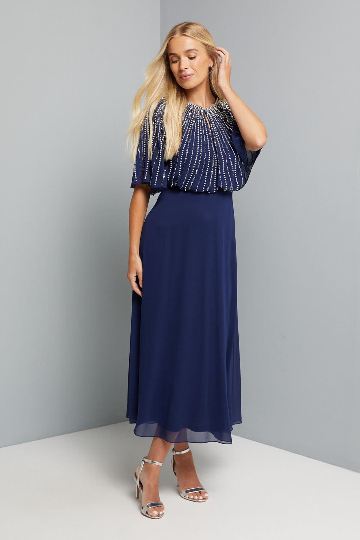 Wallis Wallis Women's Petite Linear Embellished Midi Dress in Navy