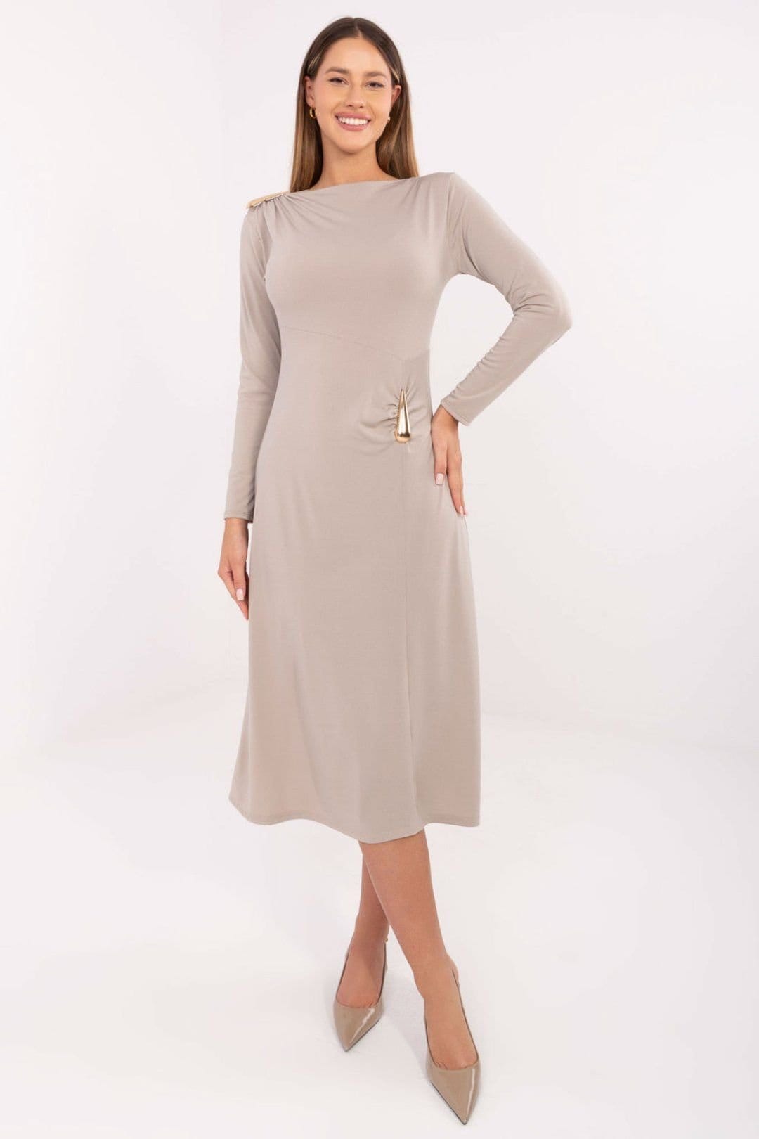 Love Lace Beige Midi Dress with Embellished Detail Sleeves