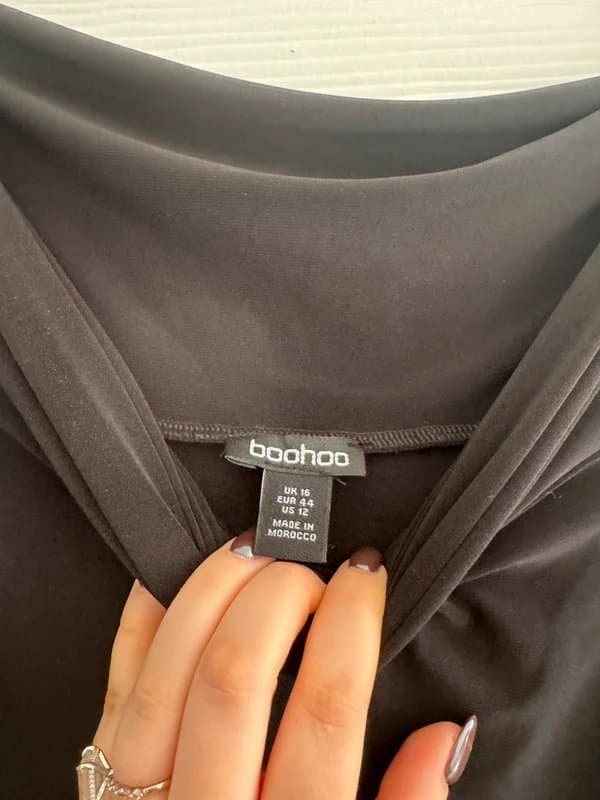 Boohoo Boohoo Black Off Shoulder Ball Gown with Draping Scarf