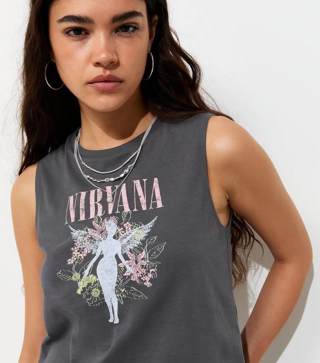 New Look Women's Dark Grey Cotton Distressed Nirvana Angel Print Lace Trim Tank Top New Look - 2