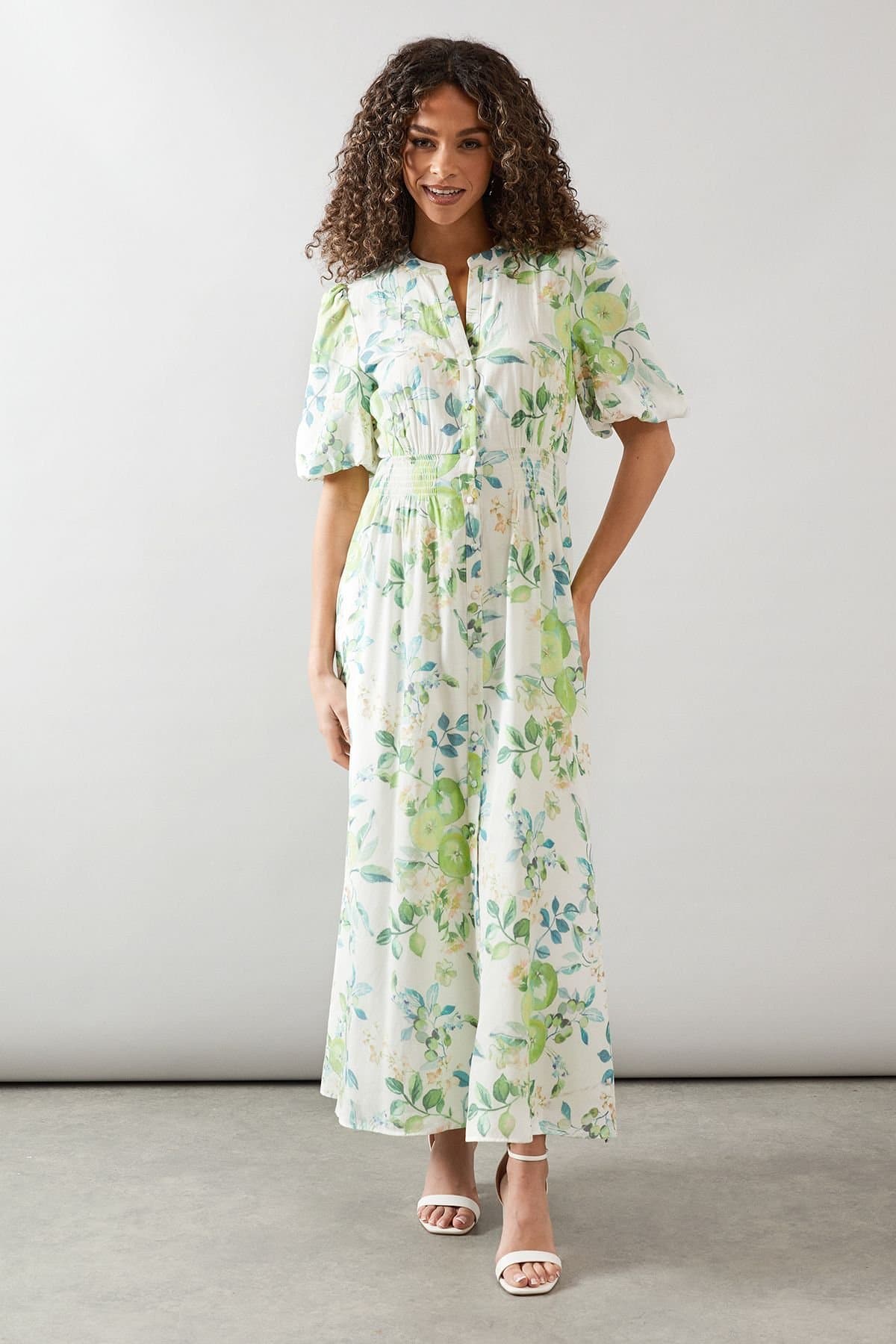 Wallis Wallis Women's Fruit Print Button Through Maxi Dress in Green