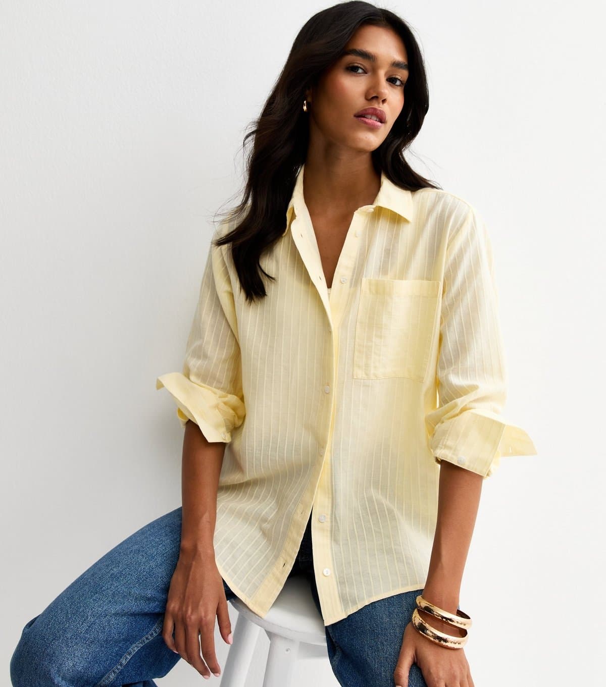 New Look Women's Light Yellow Stripe Long Sleeve Shirt New Look