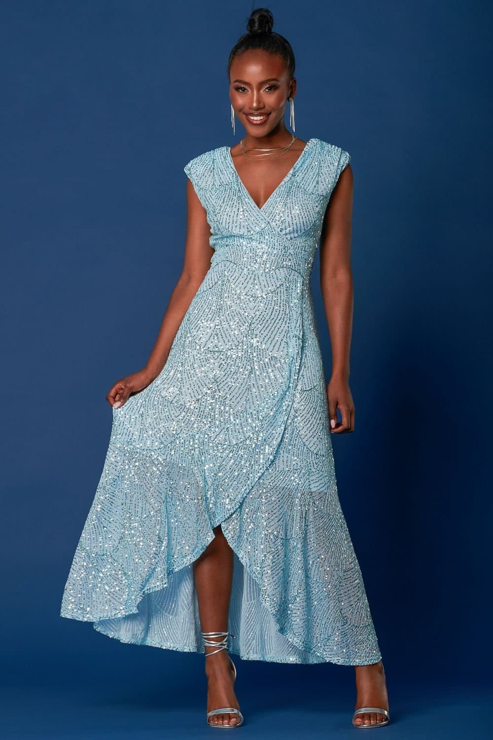 Jolie Moi Jolie Moi Women's Sequin High Low Hem Maxi Dress in Light Blue