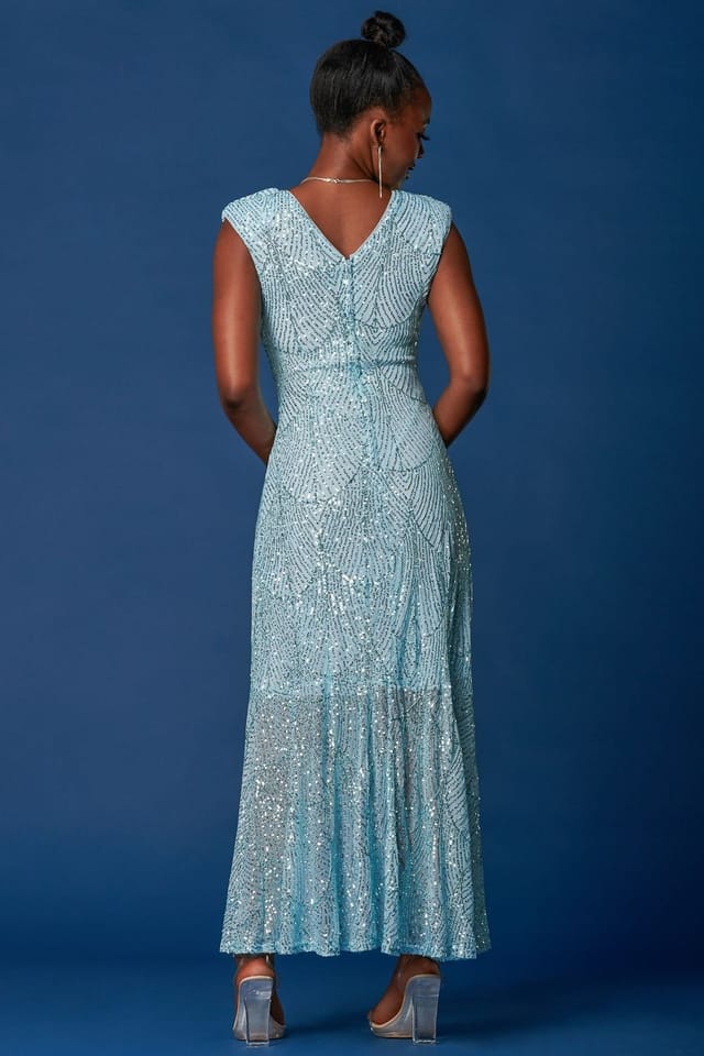 Jolie Moi Jolie Moi Women's Sequin High Low Hem Maxi Dress in Light Blue - 2
