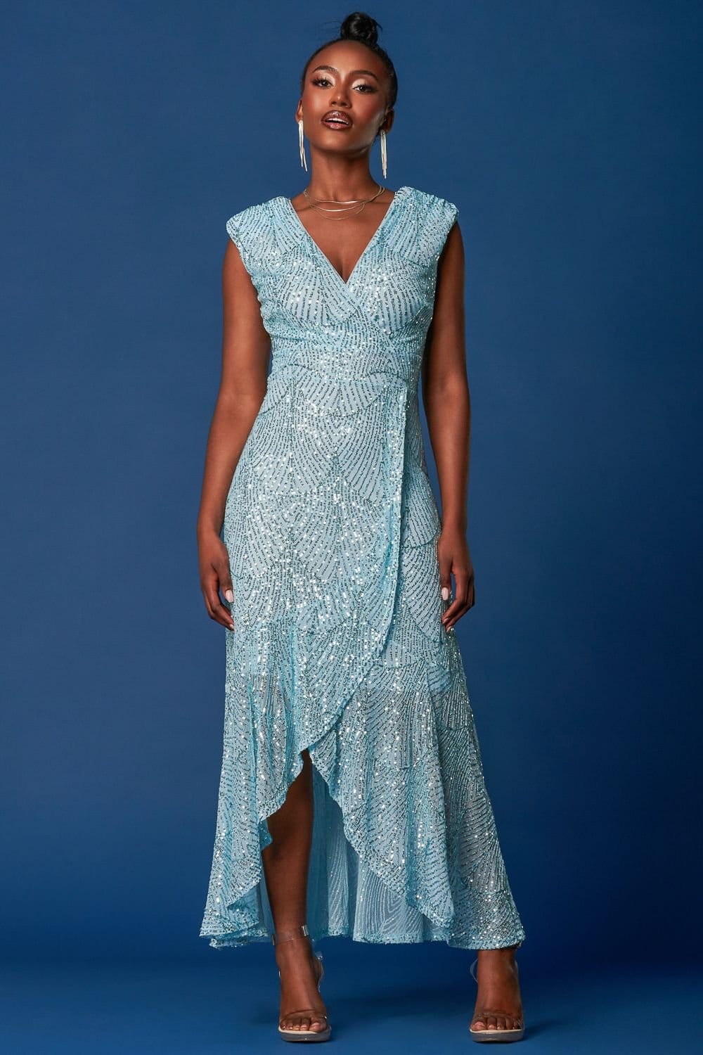 Jolie Moi Jolie Moi Women's Sequin High Low Hem Maxi Dress in Light Blue - 4