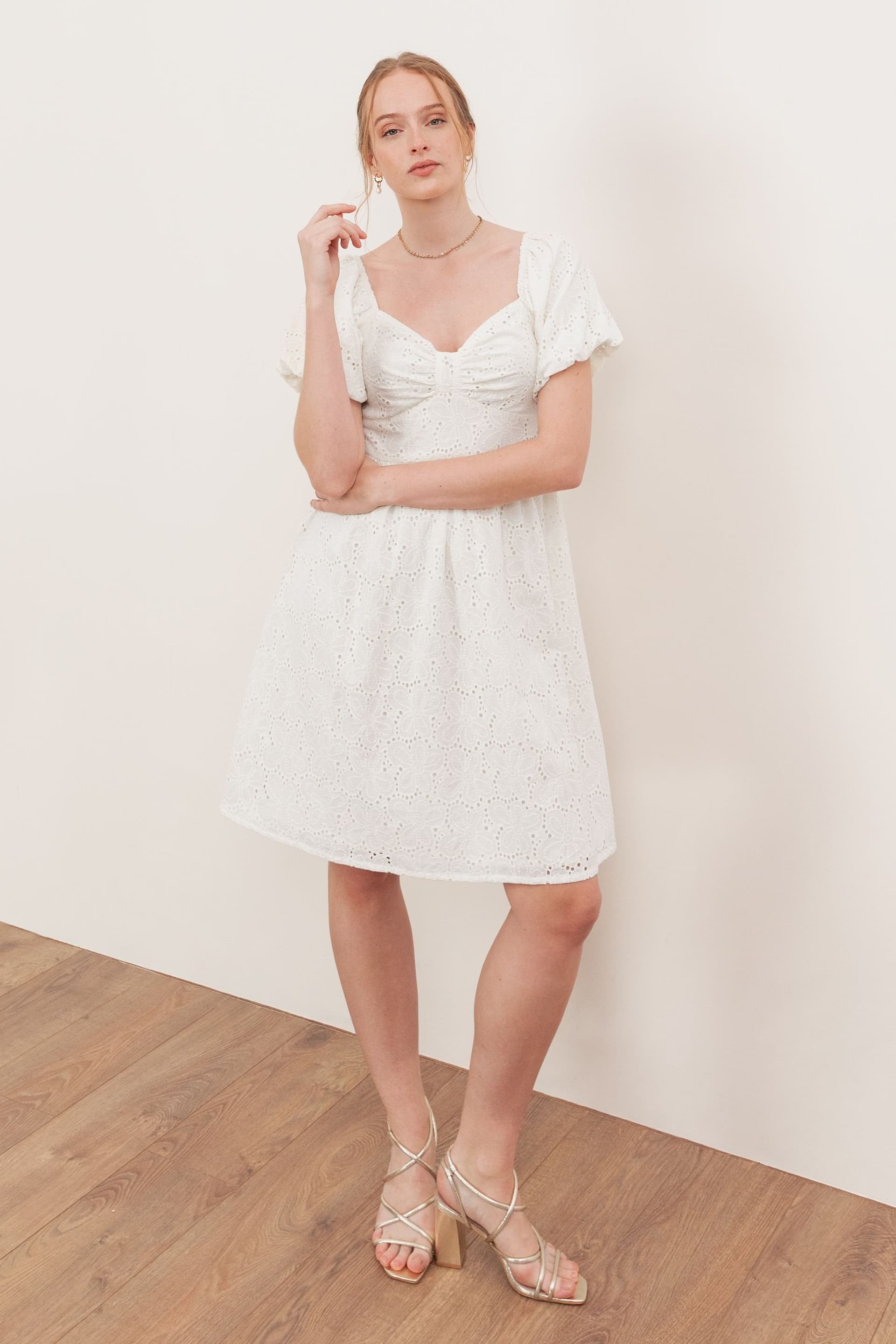 Lovedrobe Lovedrobe Women's Short Sleeve Sweetheart Neck Bow Detail Mini Dress in Cream