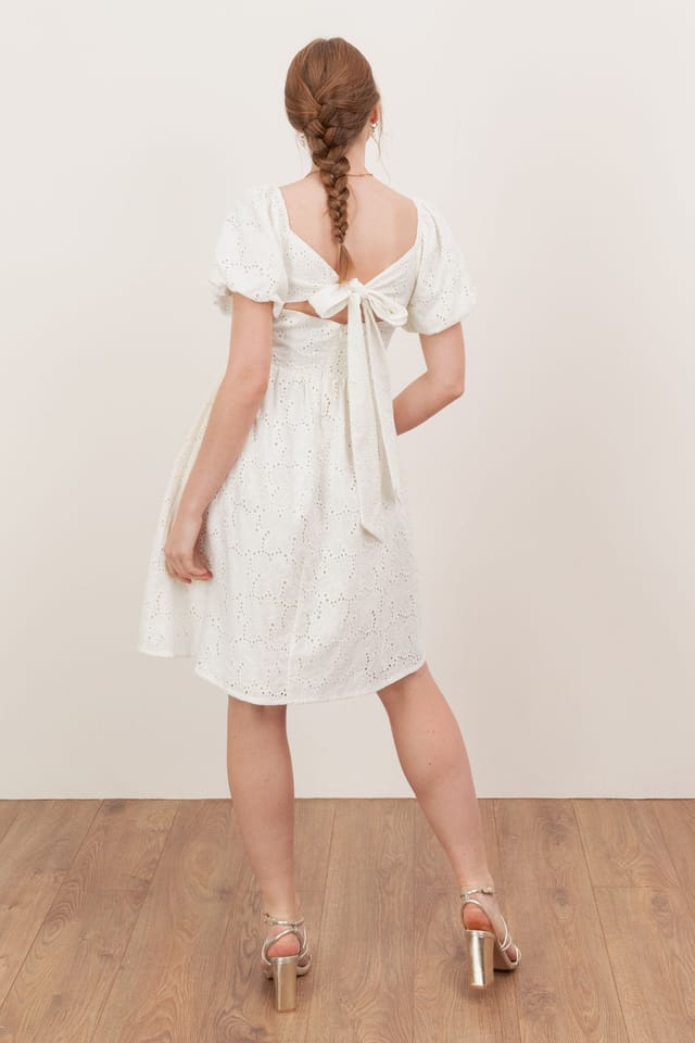 Lovedrobe Lovedrobe Women's Short Sleeve Sweetheart Neck Bow Detail Mini Dress in Cream - 2