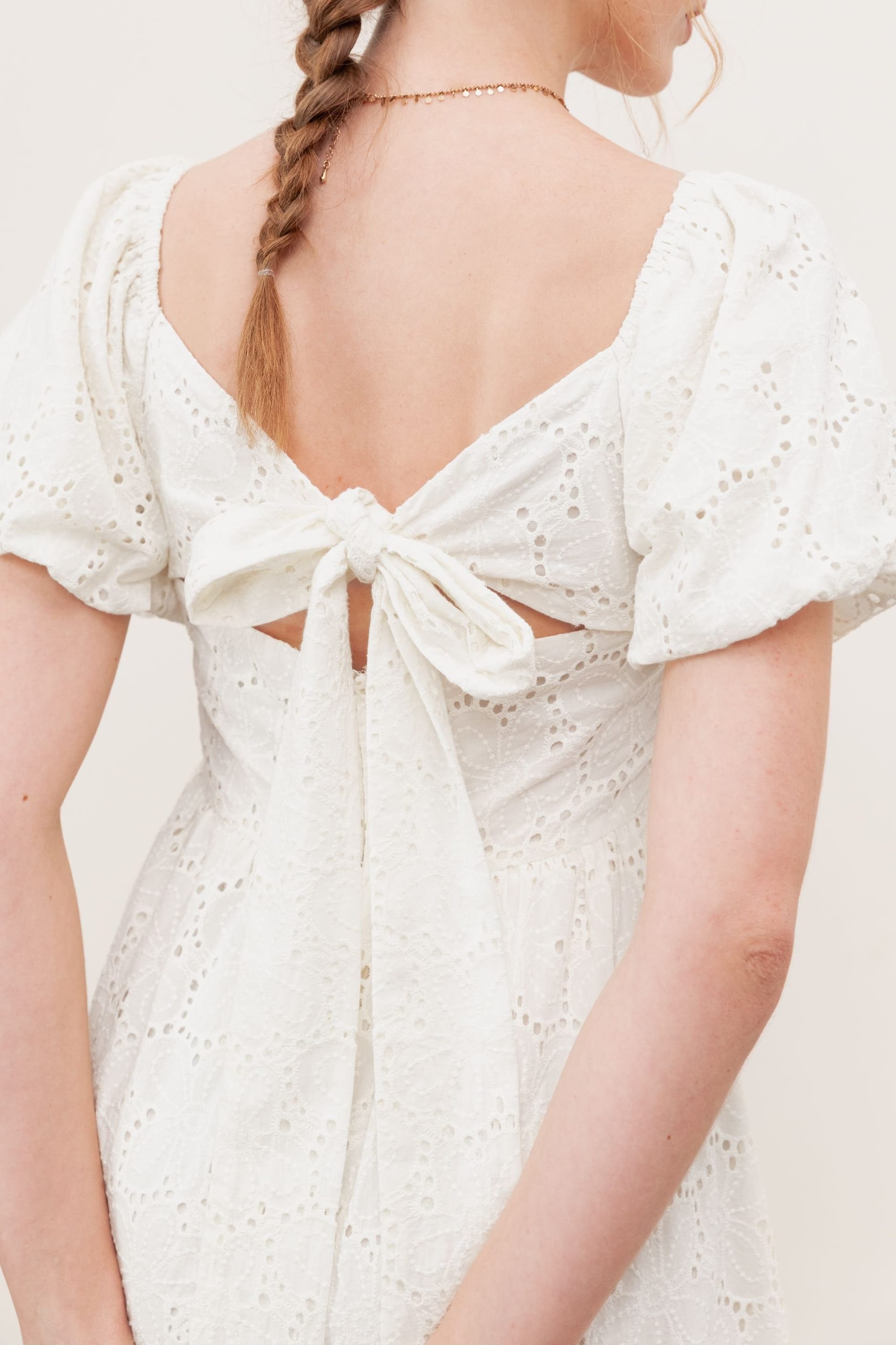 Lovedrobe Lovedrobe Women's Short Sleeve Sweetheart Neck Bow Detail Mini Dress in Cream - 4