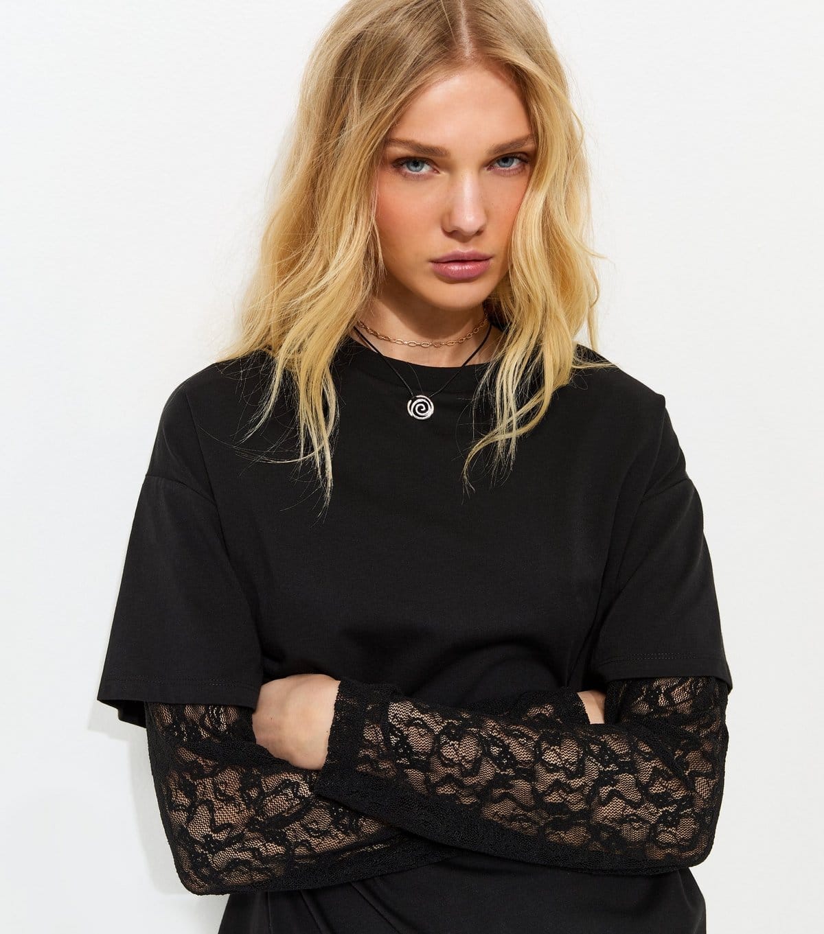 New Look Black 2-In-1 Lace Long Sleeve Top