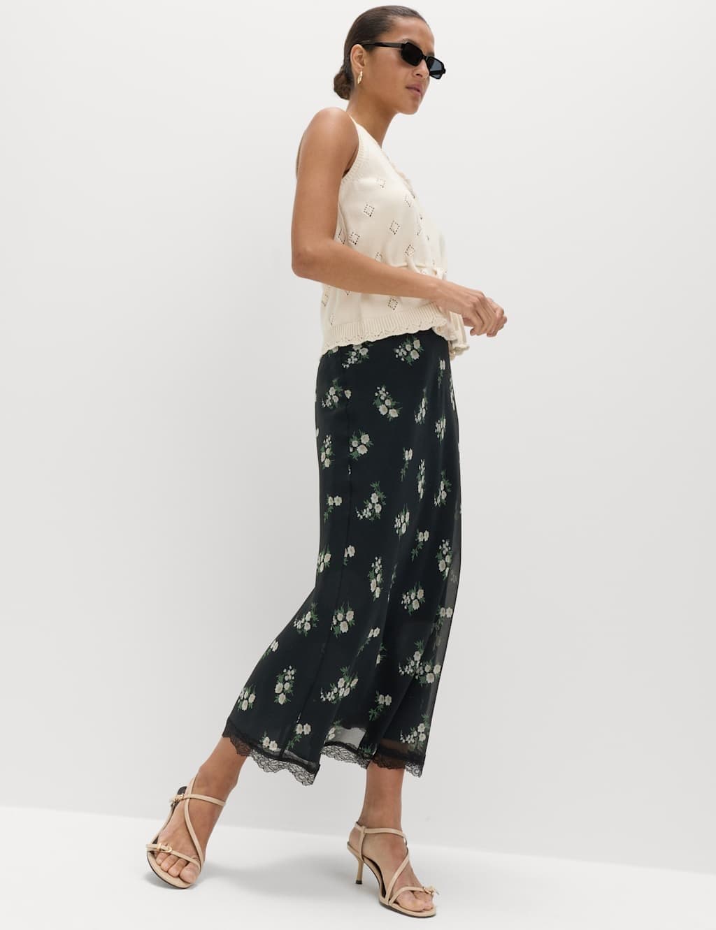 Marks & Spencer M&S Floral Lace Detail Midi Slip Skirt Black Mix