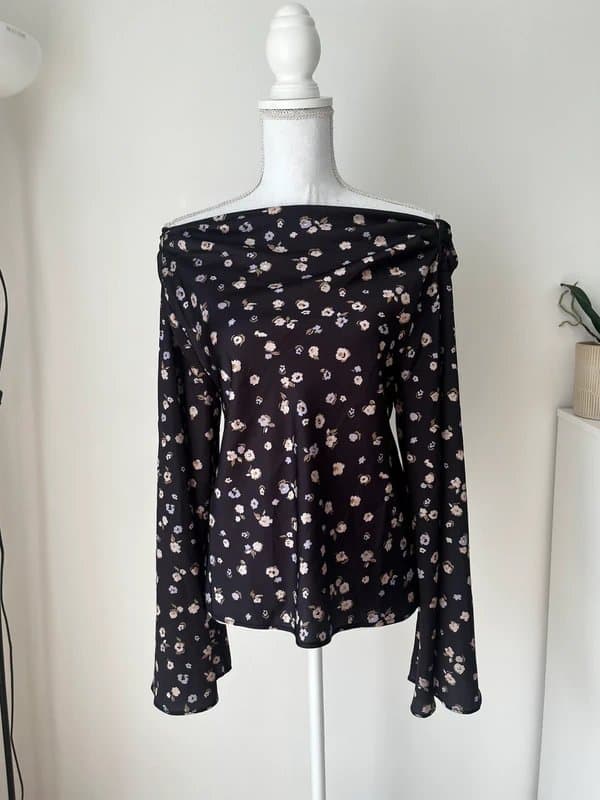 ASOS Asos Design Floral Off Shoulder Tie Top UK 4 | Long Sleeve | Black