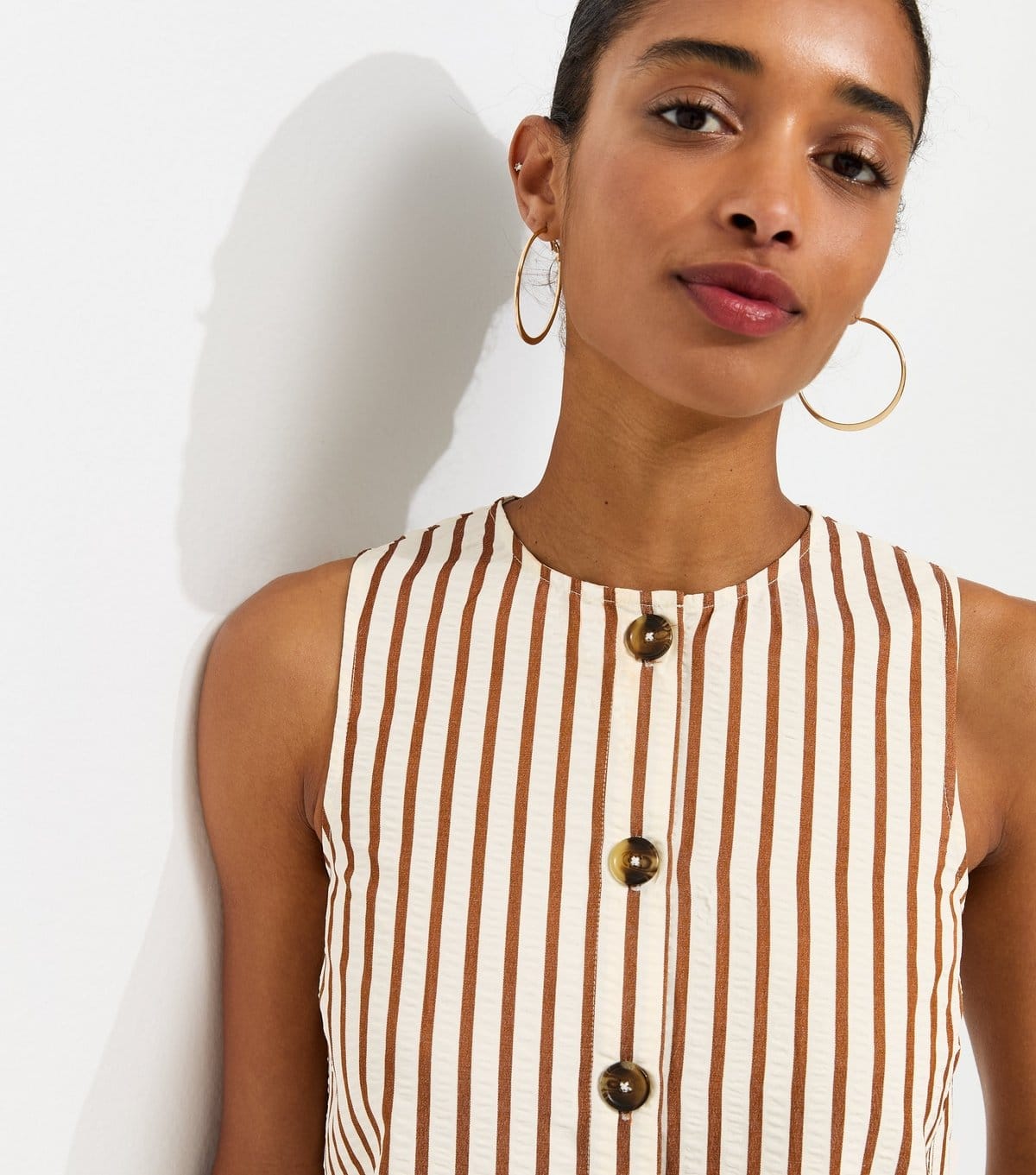New Look Brown Striped Seersucker Sleeveless Top