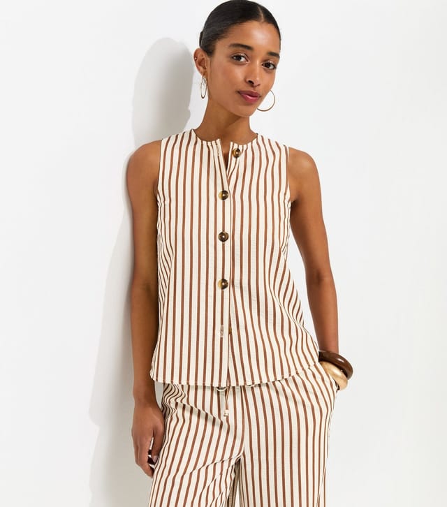 New Look Women's Brown Striped Seersucker Buttoned Sleeveless Top New Look - 3
