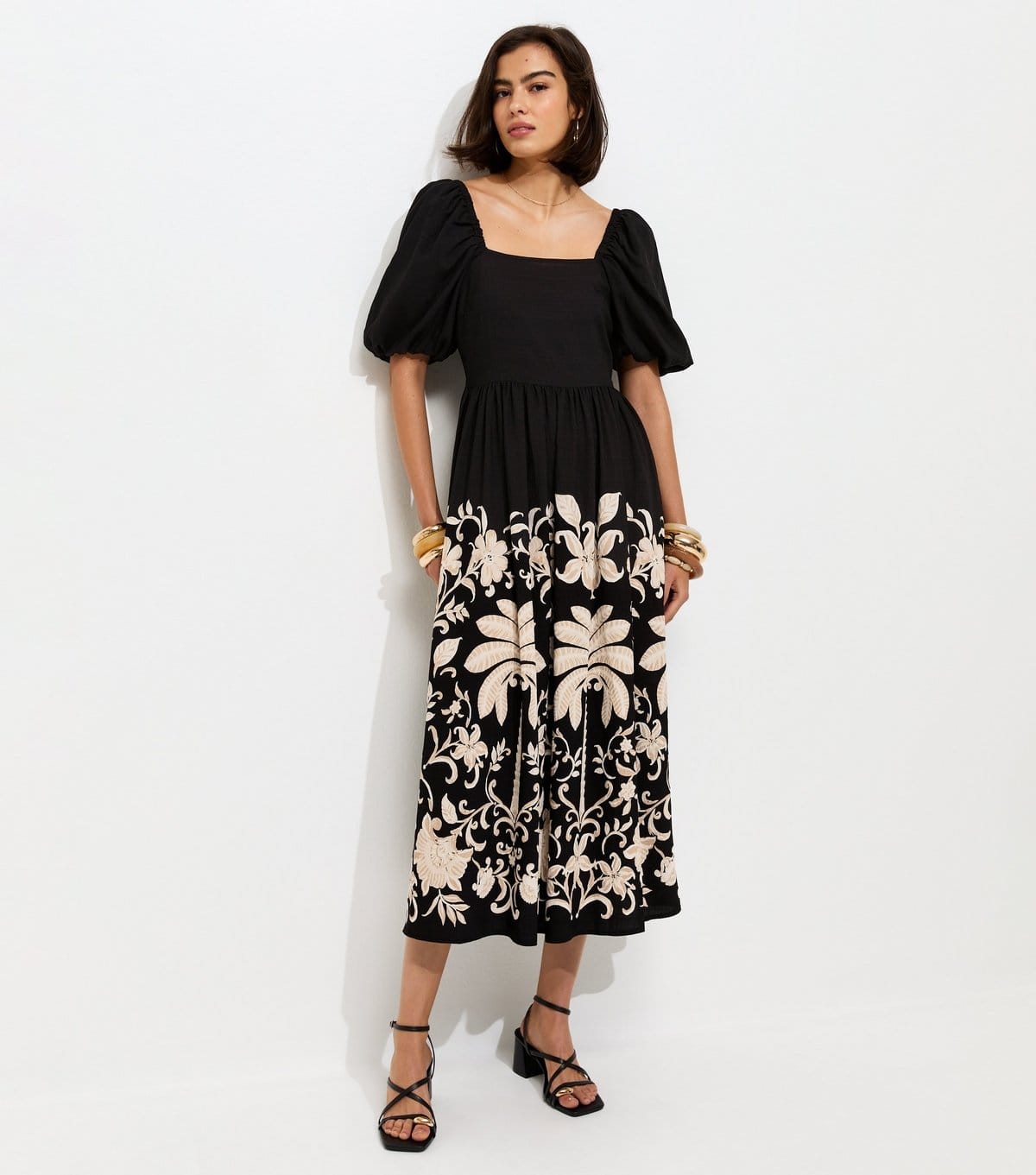 New Look Black Floral Border Print Milkmaid Midi Dress