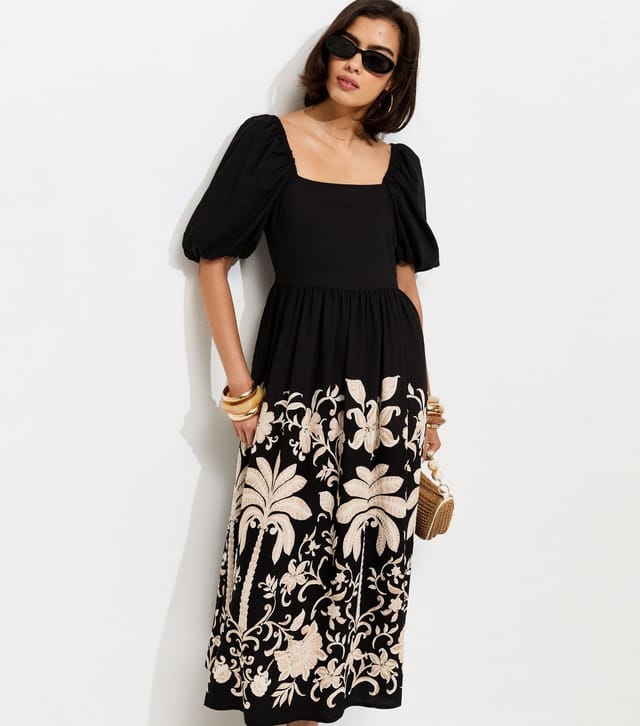 New Look Women's Black Floral Border Print Milkmaid Midi Dress New Look - 2