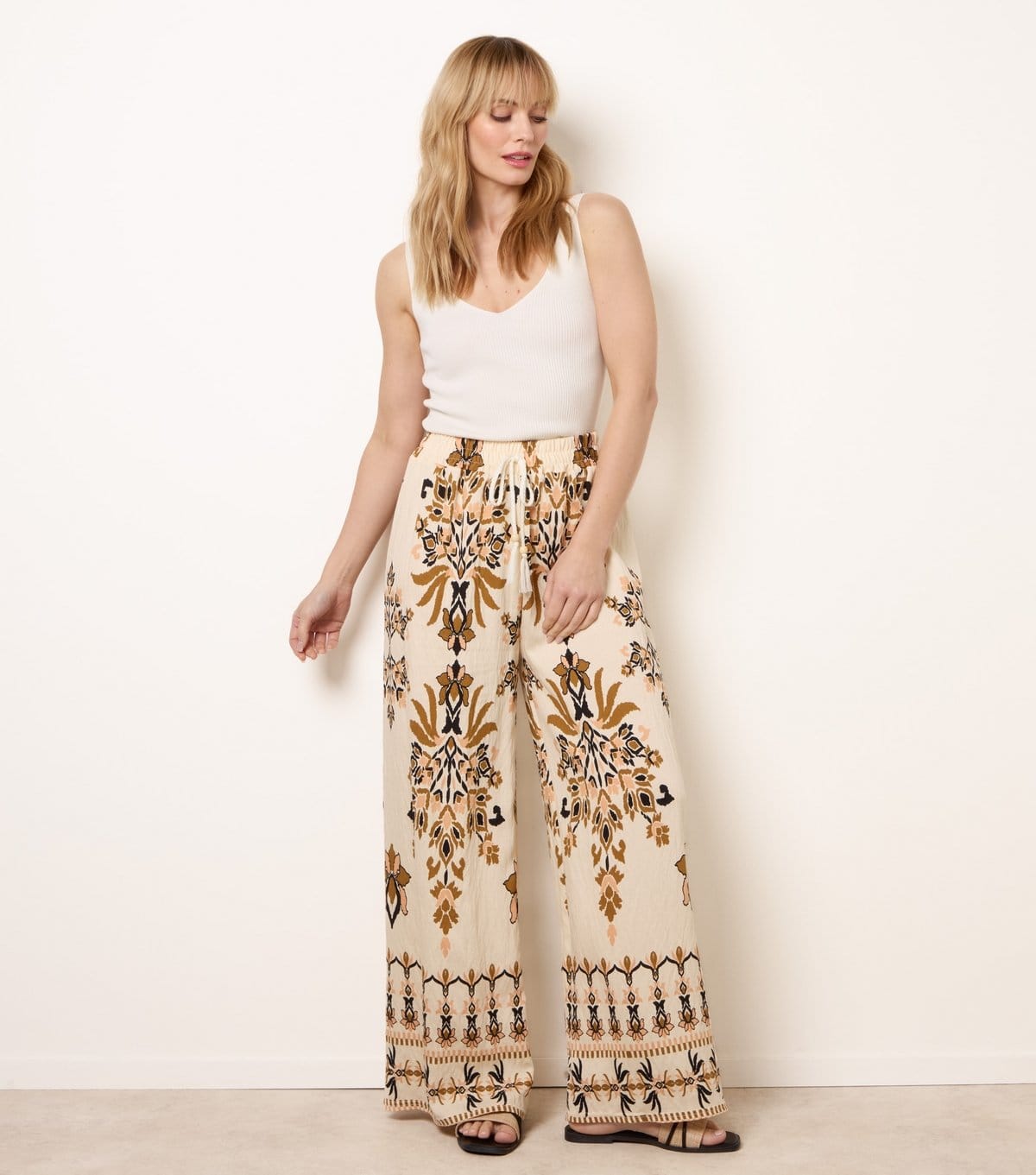 Blue Vanilla Floral Wide Leg Trousers in Light Mink