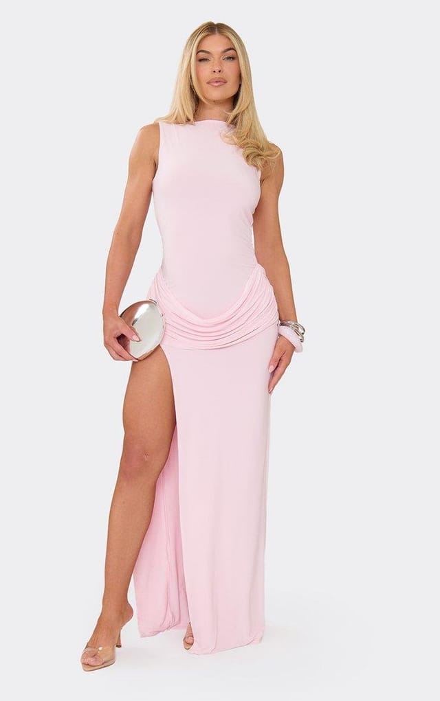 EGO Boat Neck Drape Panel Split Leg Maxi Dress In Baby Pink, Women's Size UK 6 - 2