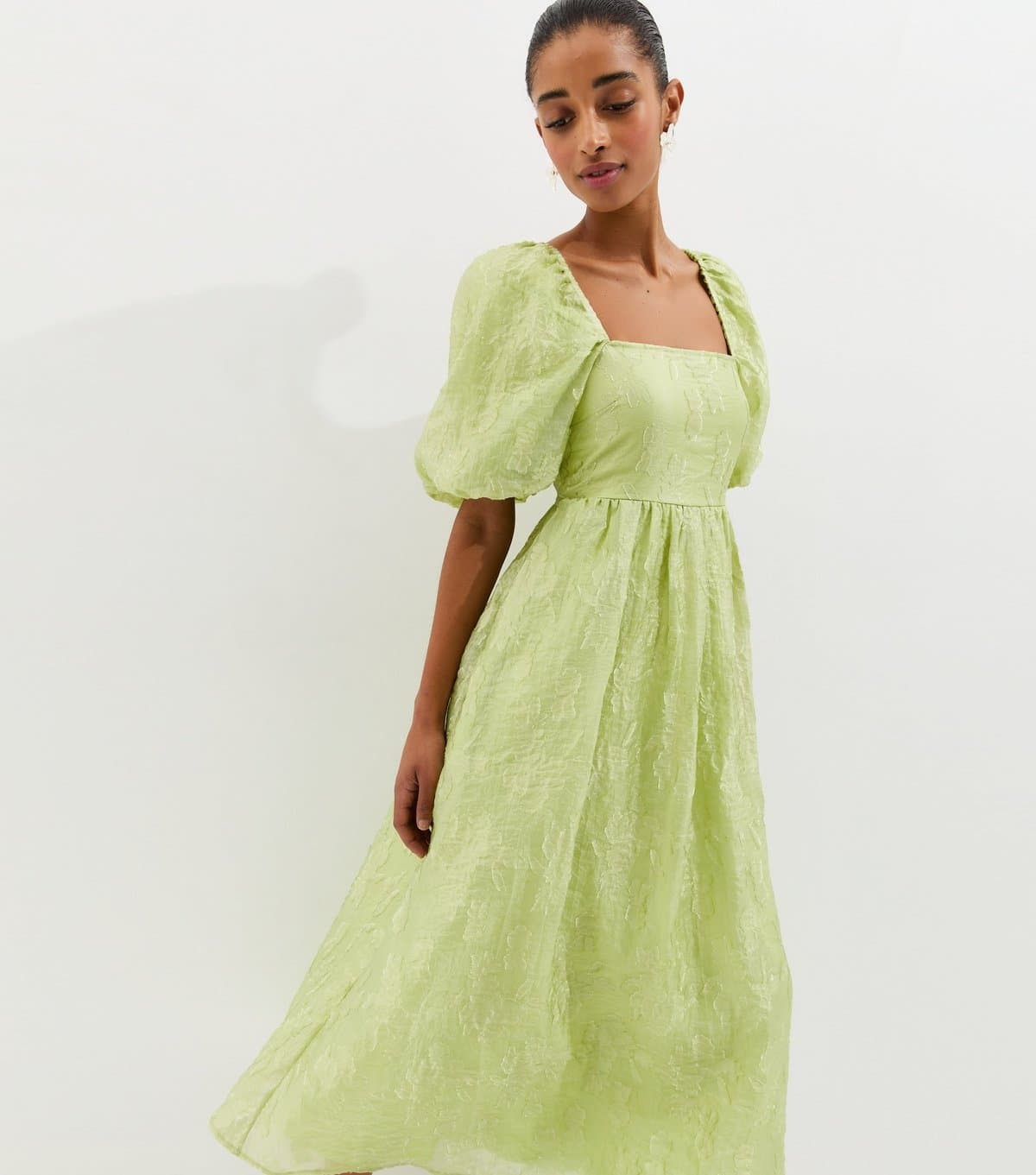 New Look Women's Light Green Glitter Clipped Milkmaid Midi Dress New Look