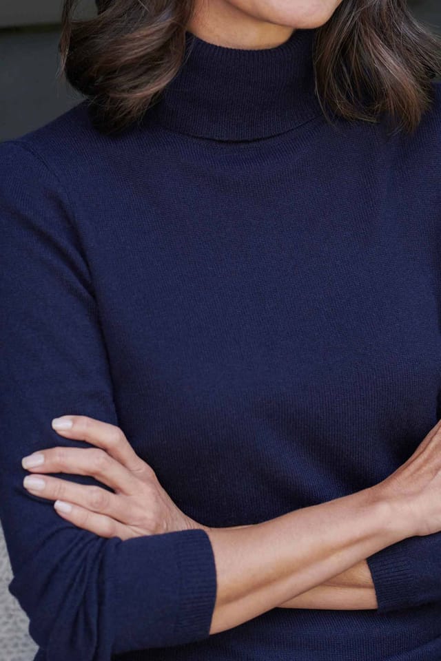 WoolOvers WoolOvers Women's Cashmere & Merino Fitted Polo Neck Jumper in Dark Navy - 2