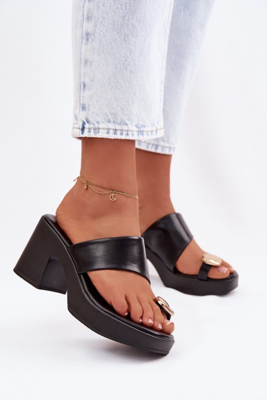 Love Lace Love Lace Women's Heeled Sandals with Golden Toe Detail & Platform Heel in Black