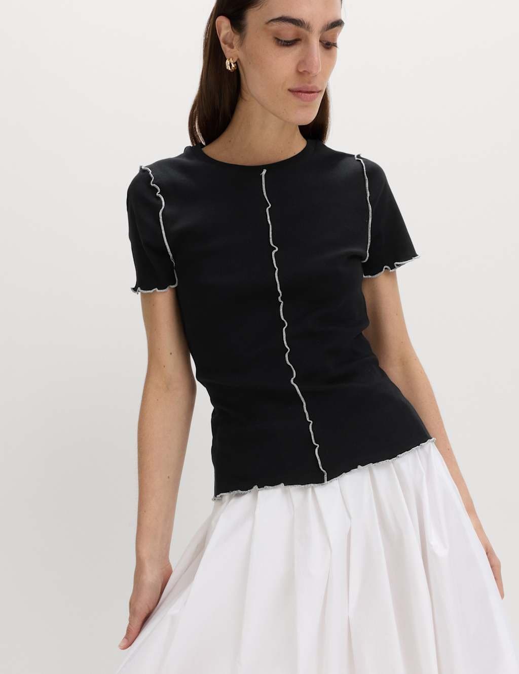 Marks & Spencer M&S Black Mix Cotton Contrast Seam T-Shirt