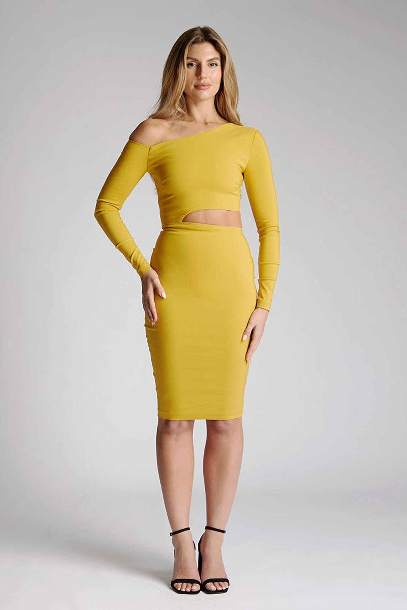Vesper Vesper Women's Long Sleeve Midi Dress With Cut-outs in Mustard