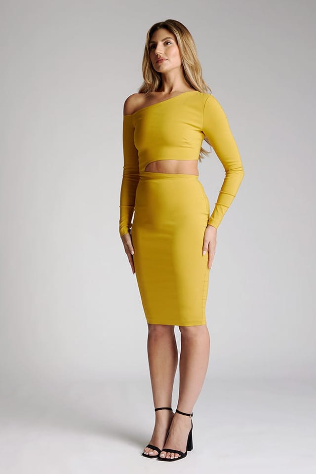 Vesper Vesper Women's Long Sleeve Midi Dress With Cut-outs in Mustard - 2