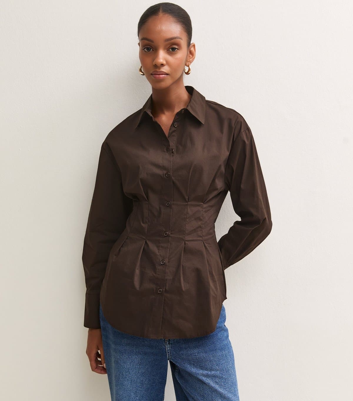 New Look Women's Dark Brown Cotton Rich Corset Fitted Shirt New Look