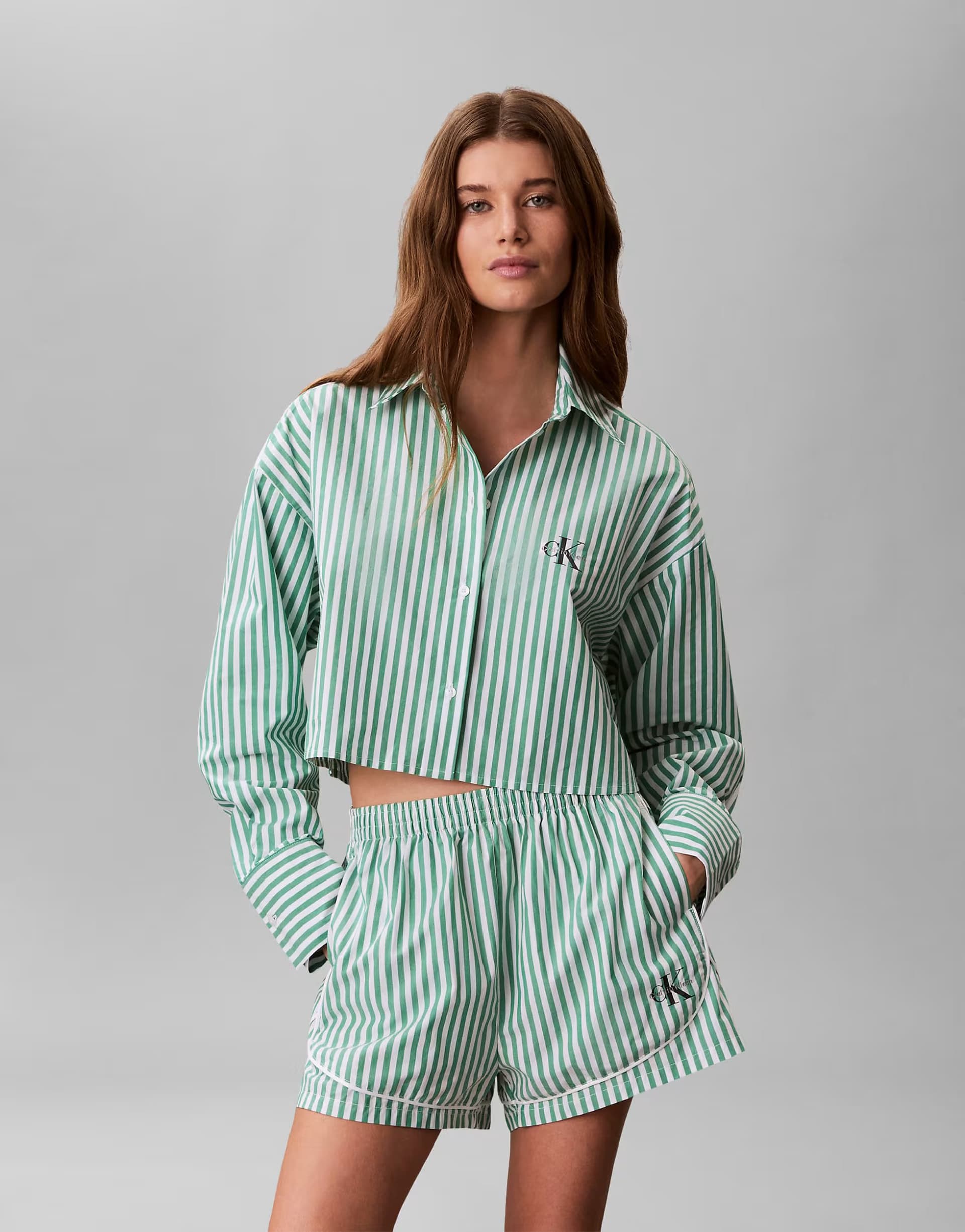 ASOS Calvin Klein logo co-ord cropped poplin shirt in green stripe