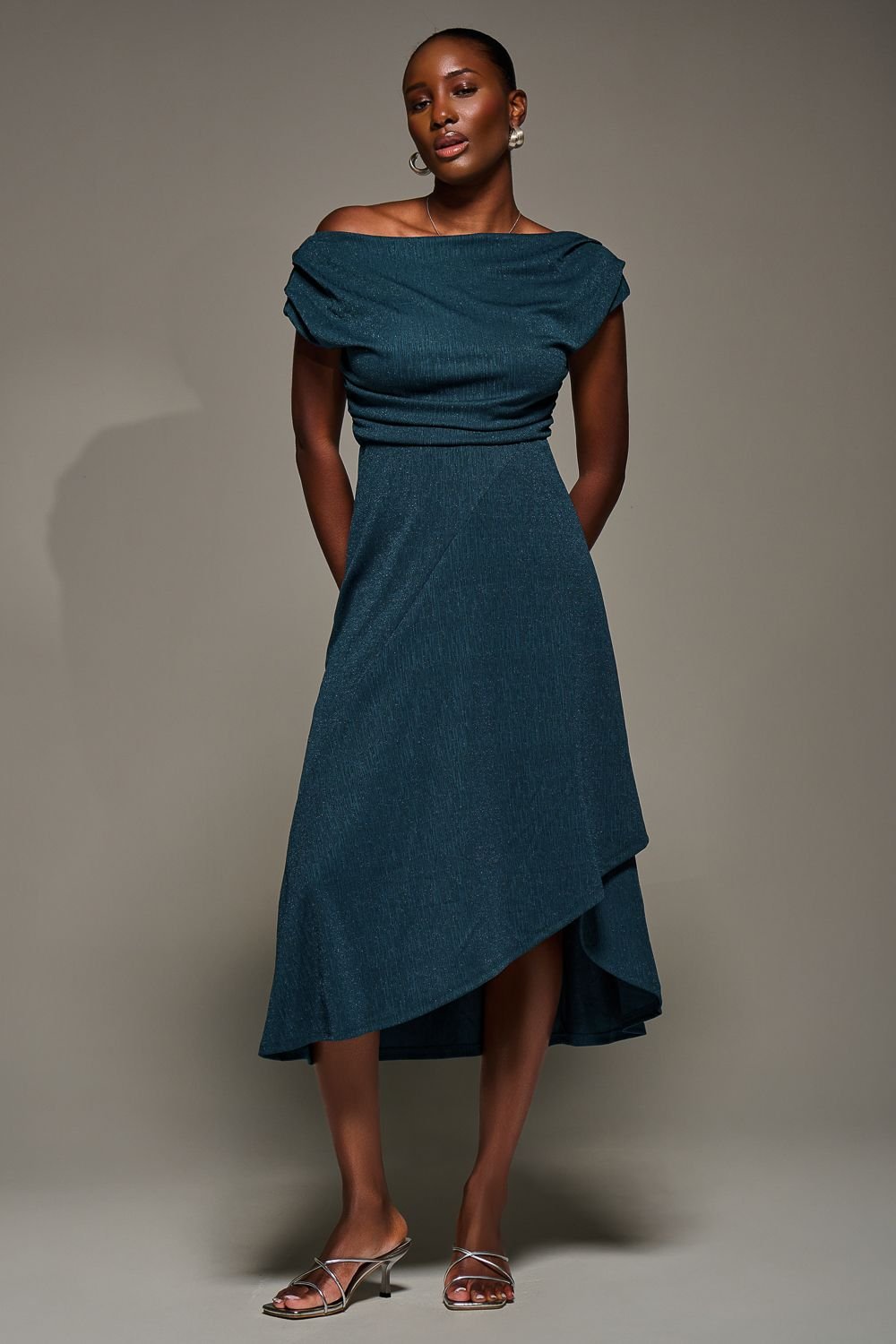 Jolie Moi Jolie Moi Women's Draped Jersey Cowl Neck Midi Dress in Teal - 4
