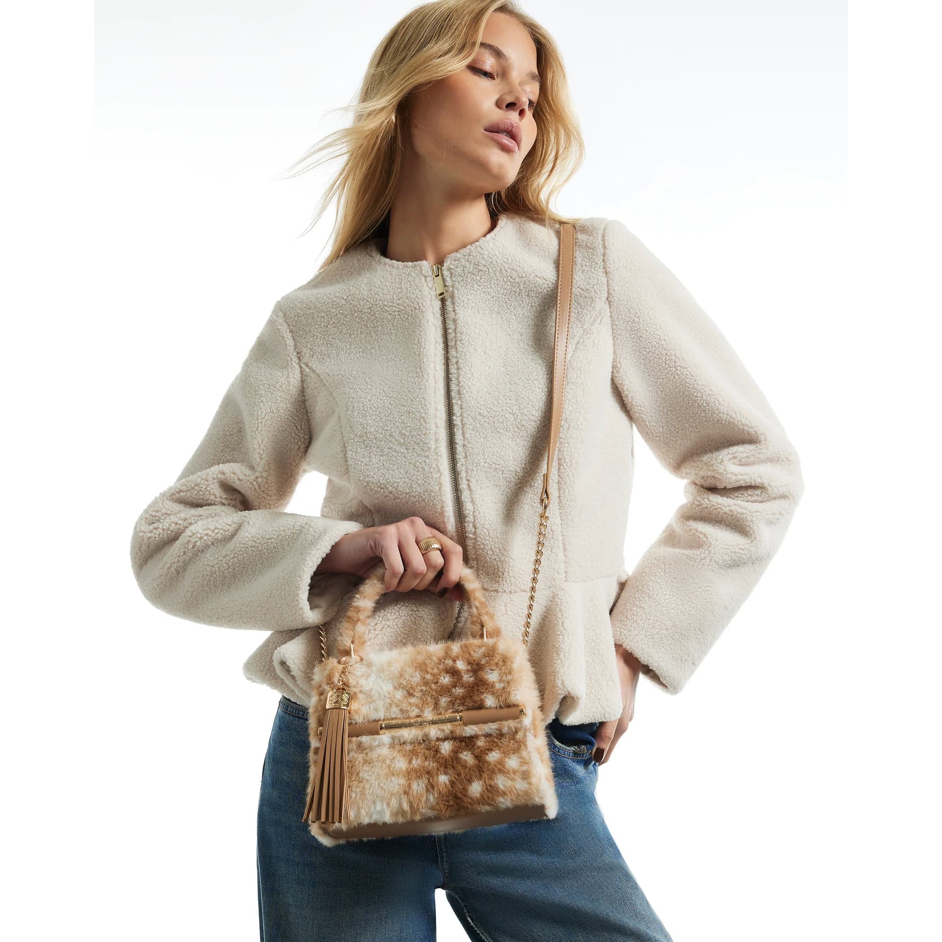 River Island River Island Womens Beige Animal Print On Faux Fur Mini Tote Bag