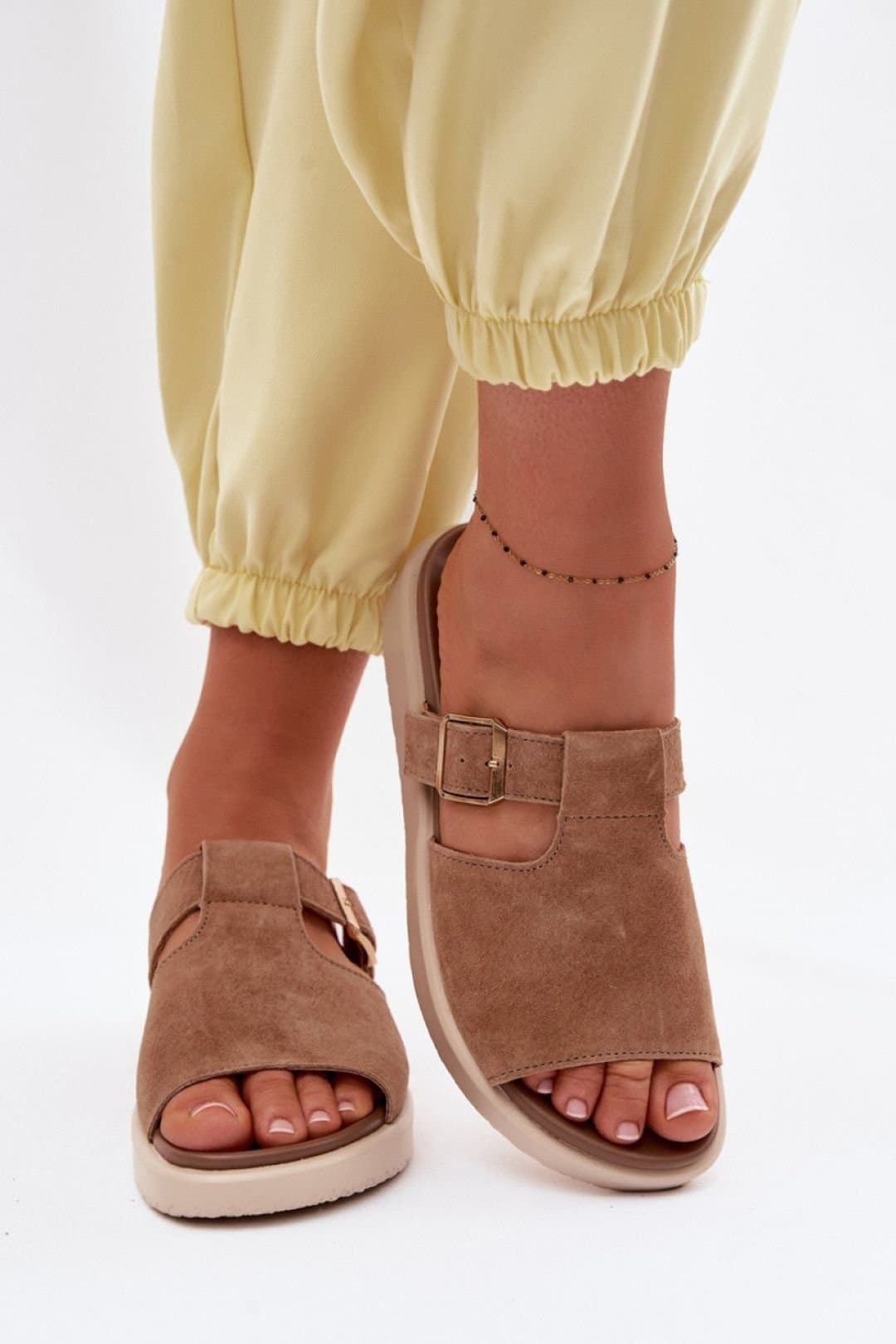 Love Lace Love Lace Women's Natural Suede Platform Sandals with Gold Buckle Strap Comfort in Brown