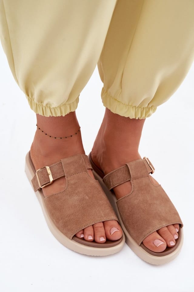 Love Lace Love Lace Women's Natural Suede Platform Sandals with Gold Buckle Strap Comfort in Brown - 3