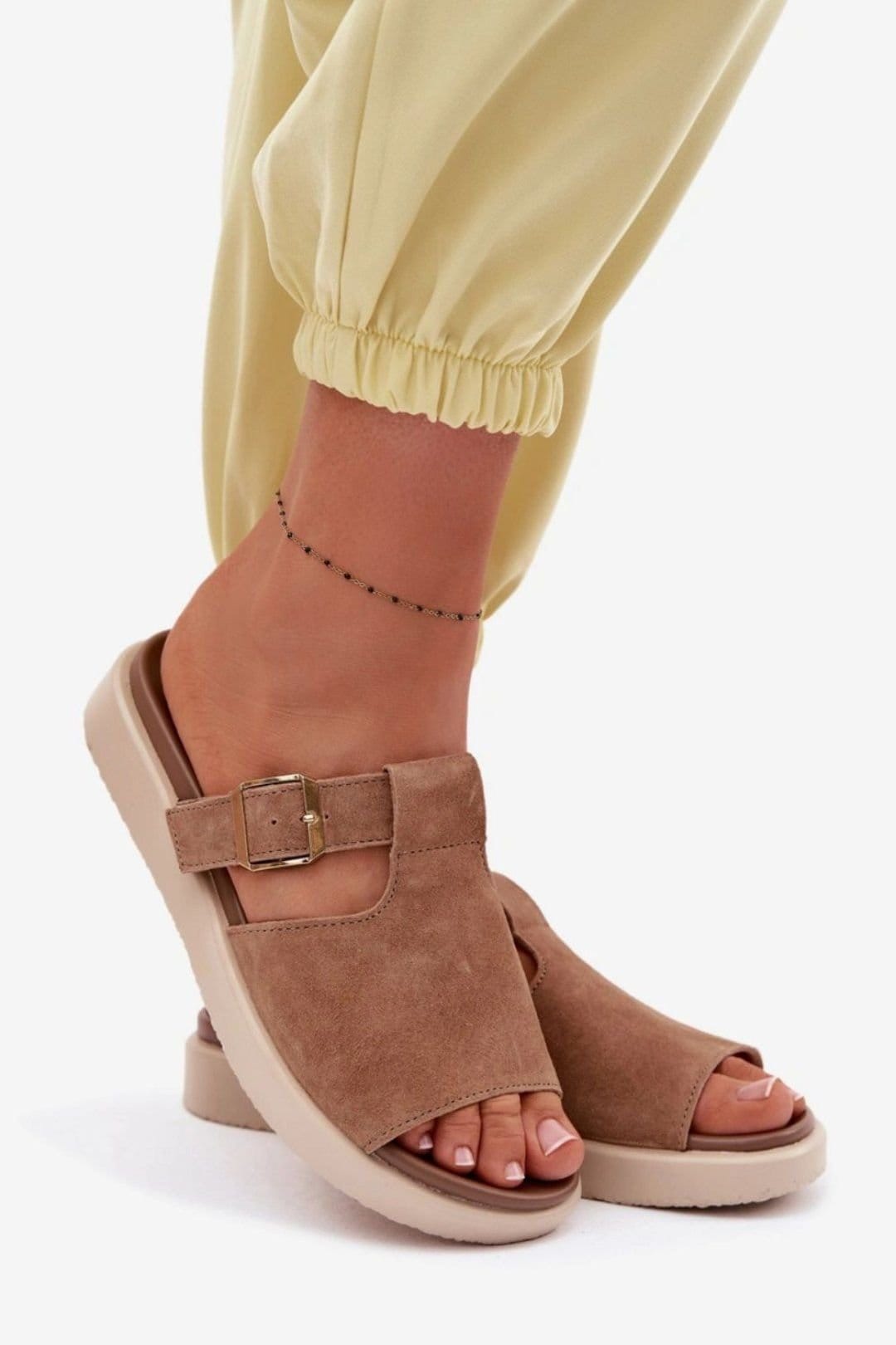 Love Lace Love Lace Women's Natural Suede Platform Sandals with Gold Buckle Strap Comfort in Brown - 4