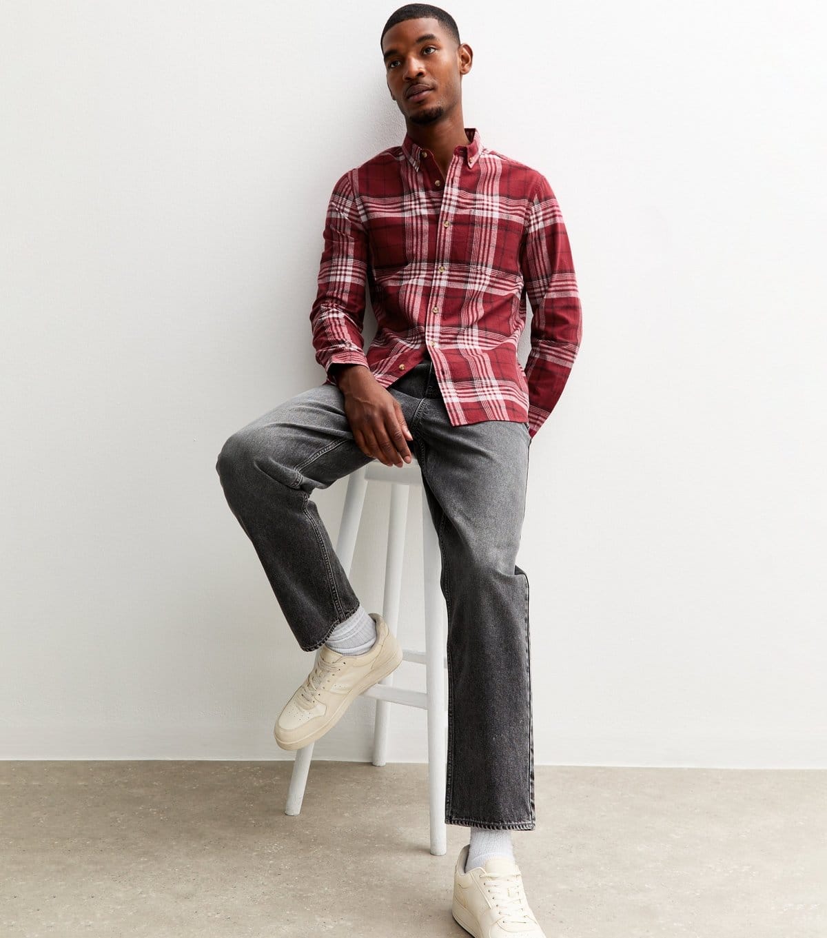 Men's Dark Burgundy Regular Fit Long Sleeve Checked Oxford Shirt New Look