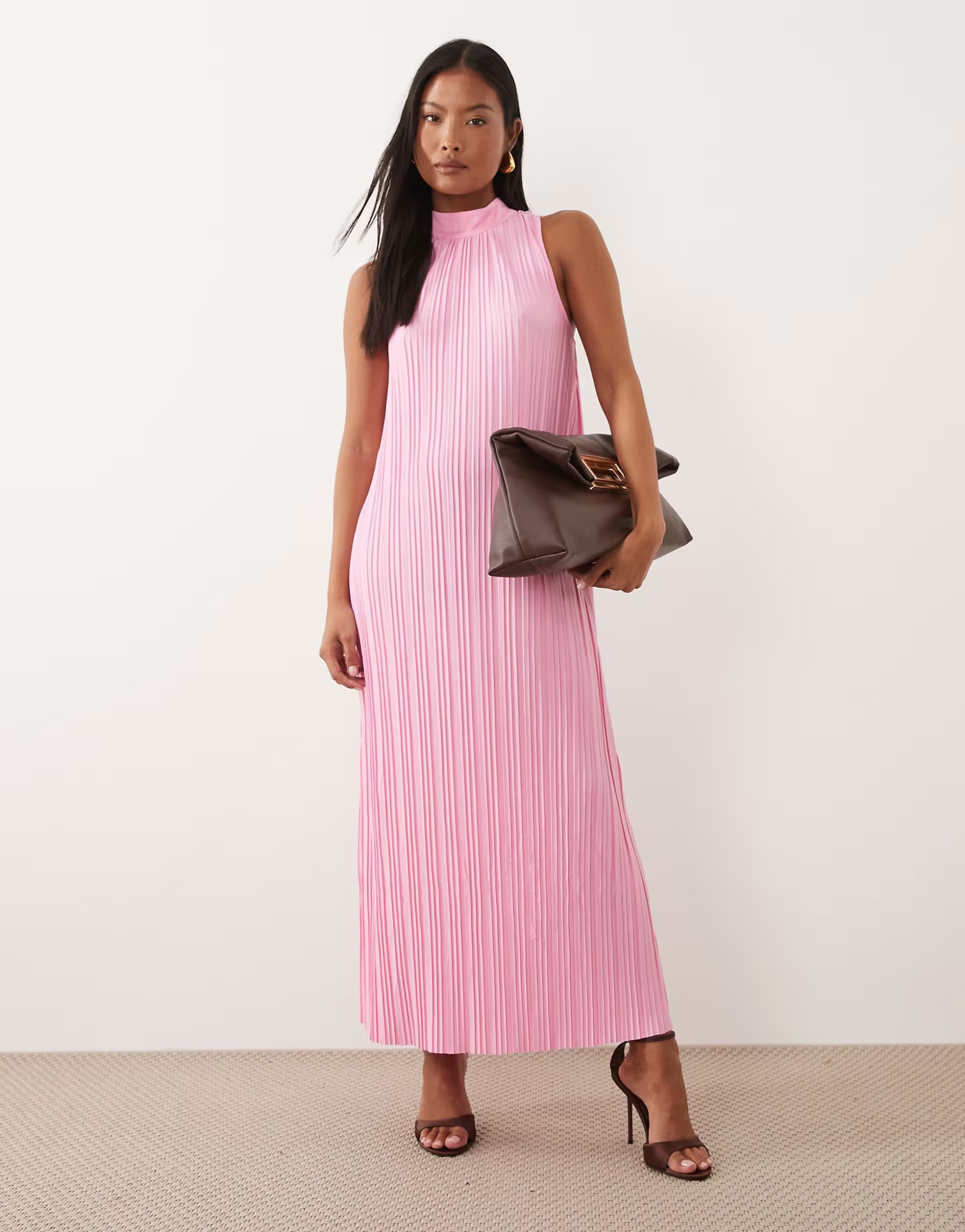 ASOS Vila Petite high neck plisse maxi dress in light pink