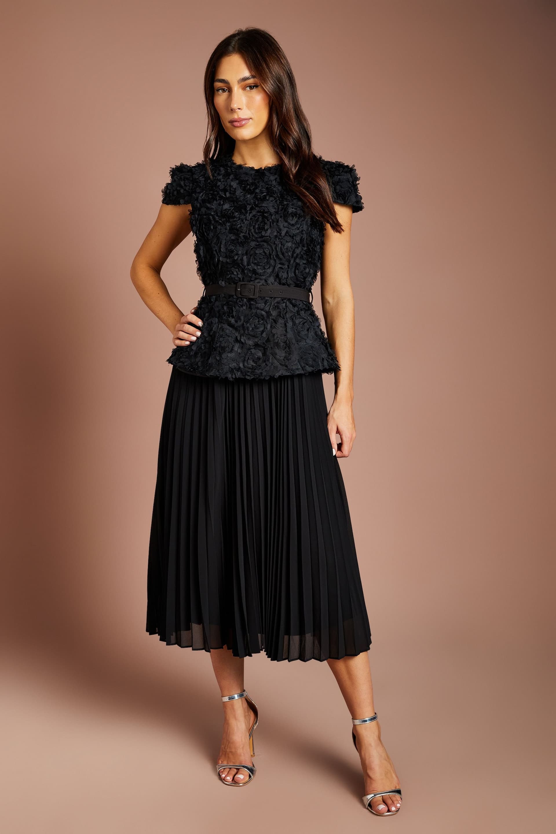 Coast Coast Women's Short Sleeve 3D Flower Belted Midi Dress in Black