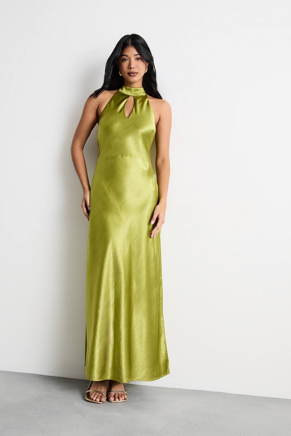 Warehouse Warehouse Women's Satin Tie Neck Cowl Front Maxi Dress in Olive - 2